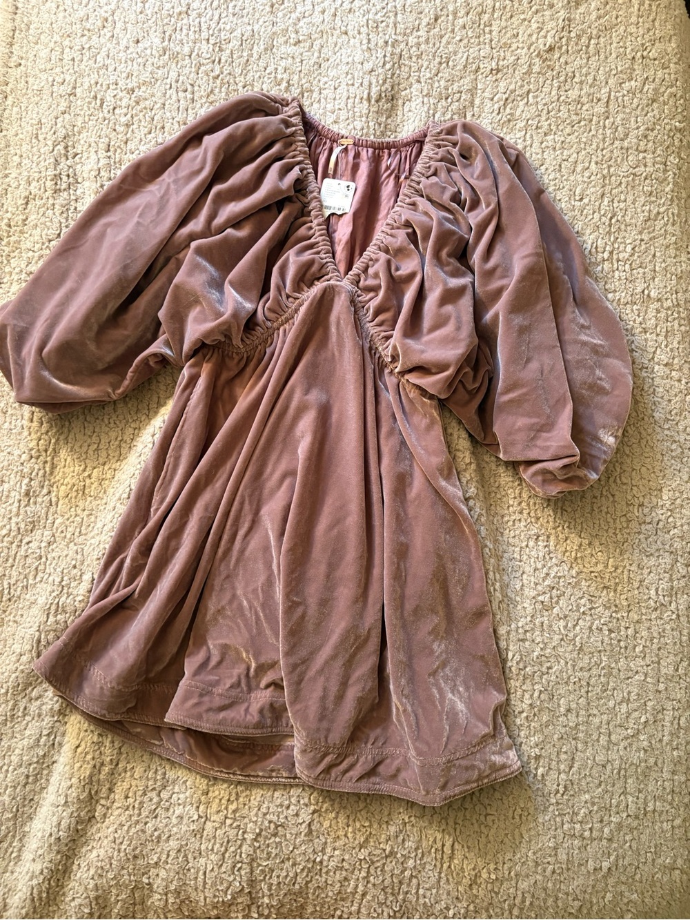 NWT Free People Velvet Smocked Mini Dress - Rose Pink